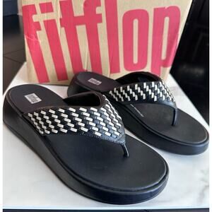 FITFLOP NIB F-MODE WOVEN LEATHER FLATFORM TOE POST SANDALS BLACK Size 8 $190
